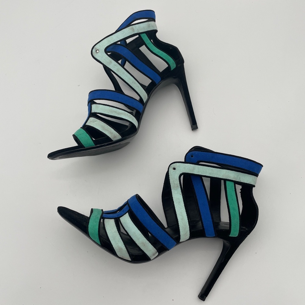 Zara Blue Green Ankle Tie Multicolored Strappy High Heel‎ Pumps Size 39 8.5 9